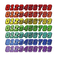 Set of three high-visibility racing number stickers by MC Motoparts with personalized name and number for dirt bikes and motorcycles.