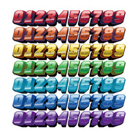 Three high-visibility custom racing number stickers by MC Motoparts with gradient style for dirt bikes and motorcycles.