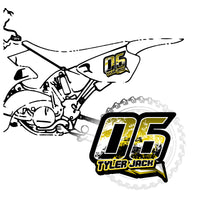 Set of three custom racing number decals with geometric style design and personalized names for motocross and karting by MC Motoparts.