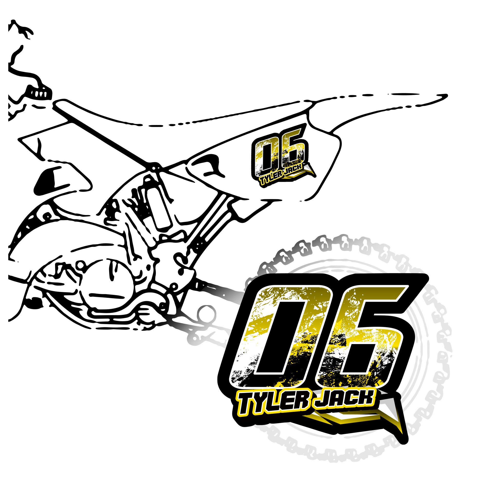Set of three custom racing number decals with geometric style design and personalized names for motocross and karting by MC Motoparts.