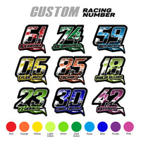 Set of 3 custom racing number decals with name in T11 geometric style for motocross and karting, by MC Motoparts.