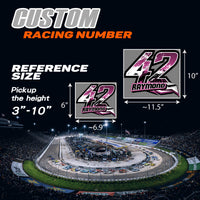 Set of three custom racing number decals with geometric style design, personalized with name for motocross and karting by MC Motoparts.