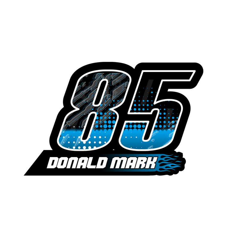 Set of three custom racing number decals with flame style design and personalized name from MC Motoparts, motocross and karting graphics