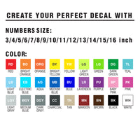 Custom racing number stickers with name and flag for dirt bikes and motocross, featuring solid color personalized vinyl decals by MC Motoparts.