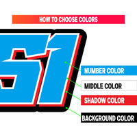 Custom racing number stickers with name and flag, black vinyl decals for dirt bikes, motocross, and motorcycles by MC Motoparts.