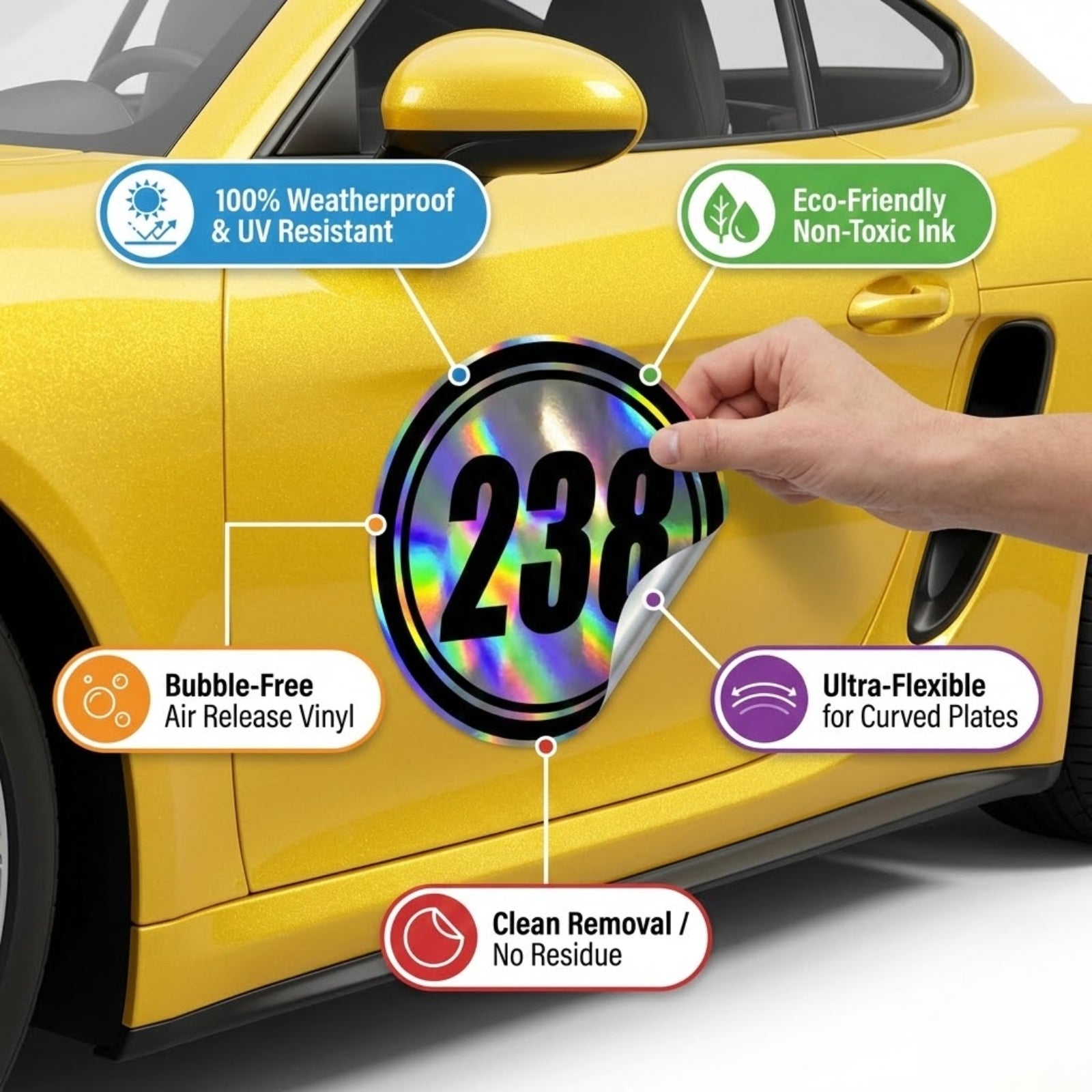 Custom Holographic Racing Number Stickers for Cars (Set of 2) - Inner Circle RCC001