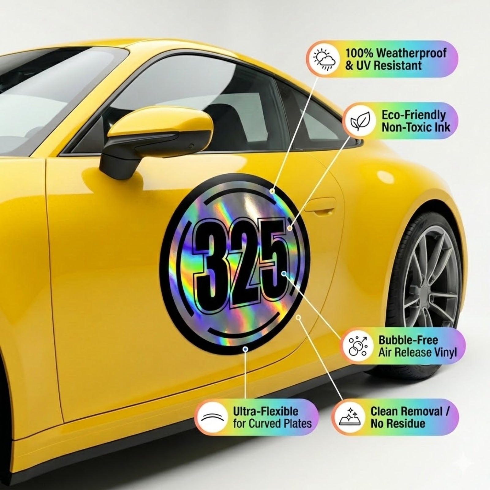 Custom Holographic Racing Number Stickers for Cars (Set of 2) - Prism Circle RCC004