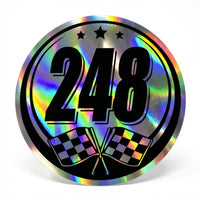 Set of two custom holographic race car stickers with bold racing numbers by MC Motoparts, perfect for car decoration.