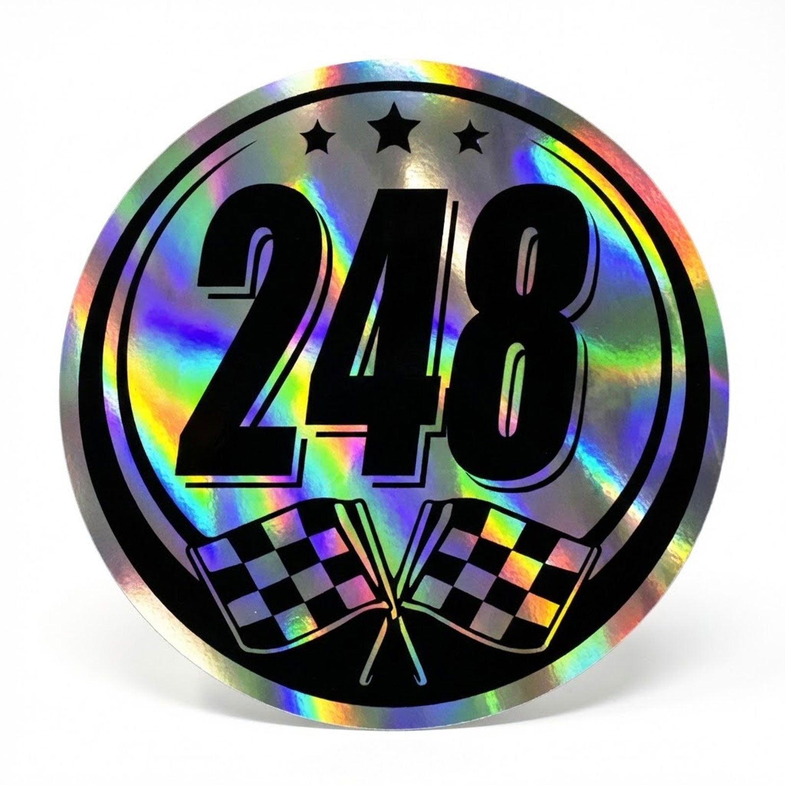 Set of two custom holographic race car stickers with bold racing numbers by MC Motoparts, perfect for car decoration.