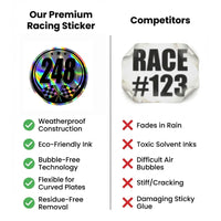 Set of two holographic racing number stickers for cars by MC Motoparts, featuring vibrant, reflective designs for race car customization.
