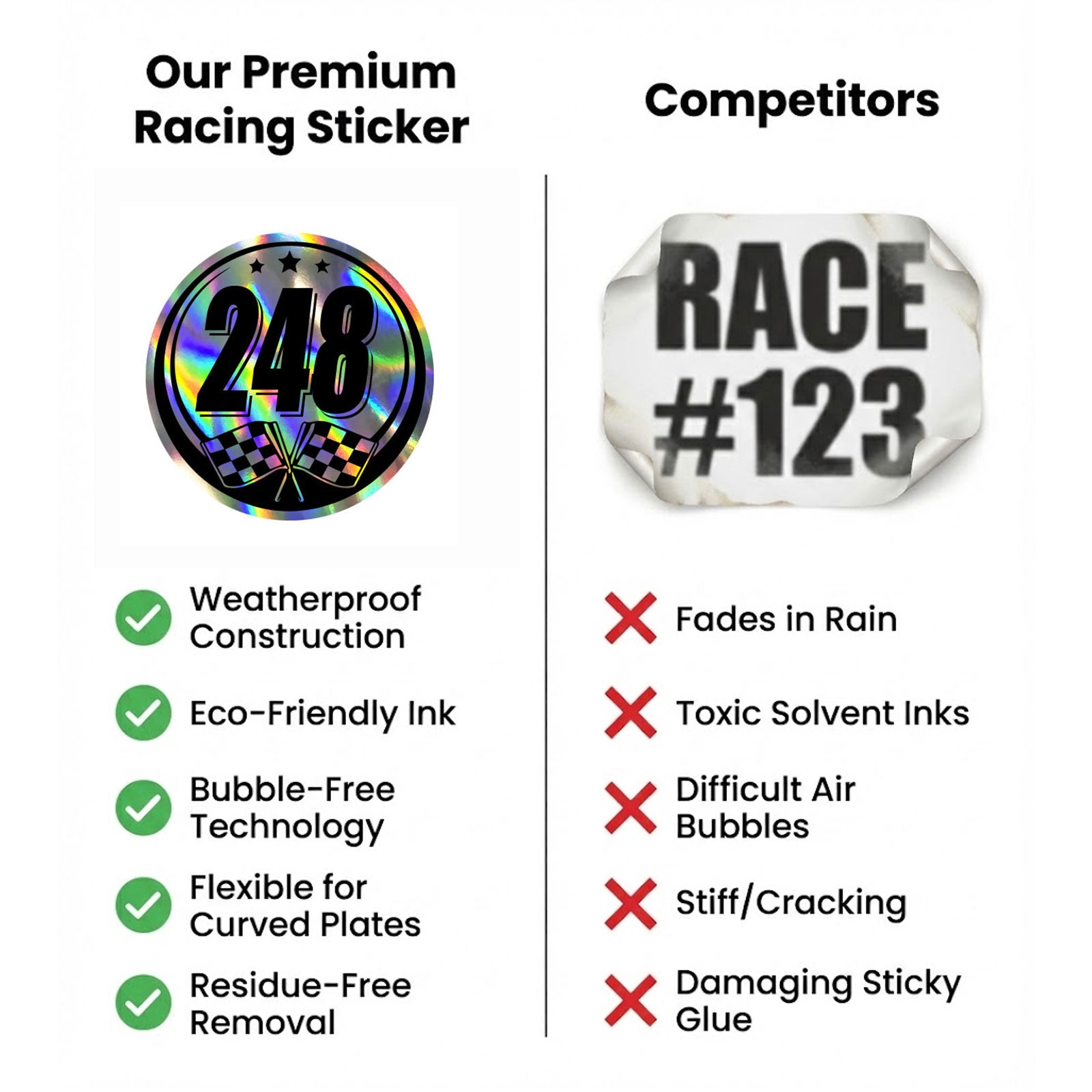 Set of two holographic racing number stickers for cars by MC Motoparts, featuring vibrant, reflective designs for race car customization.