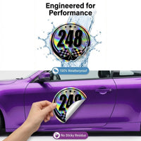 Set of two holographic race car number stickers by MC Motoparts, featuring vibrant, reflective design for custom vehicle decoration.