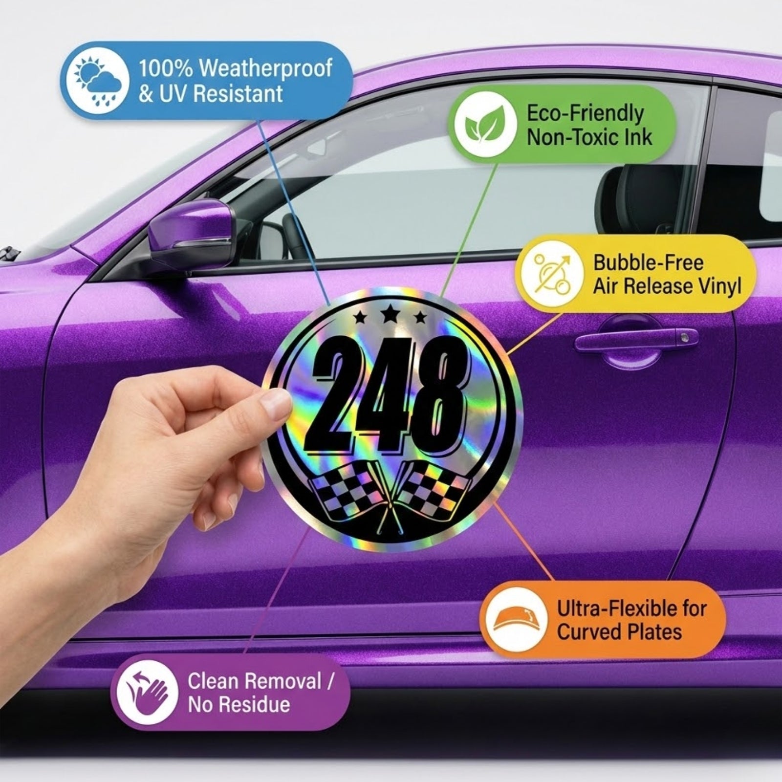 Set of two holographic racing number stickers for cars by MC Motoparts, featuring vibrant, reflective designs for race car customization.