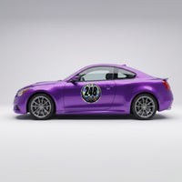 Set of two custom holographic racing number stickers for cars by MC Motoparts, featuring vibrant, reflective race car graphics.