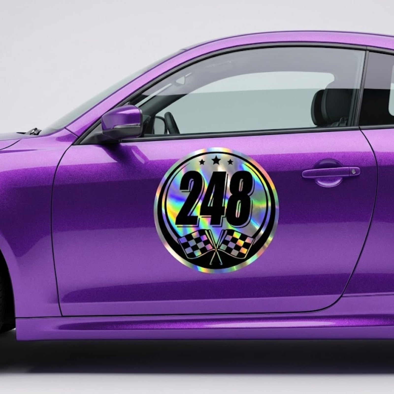 Custom holographic racing number stickers for cars by MC Motoparts, set of 2, featuring vibrant rainbow holographic race car decals.