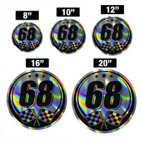 Holographic racing number stickers for cars, set of 2, with vibrant, reflective designs featuring the MC Motoparts brand and race car style.
