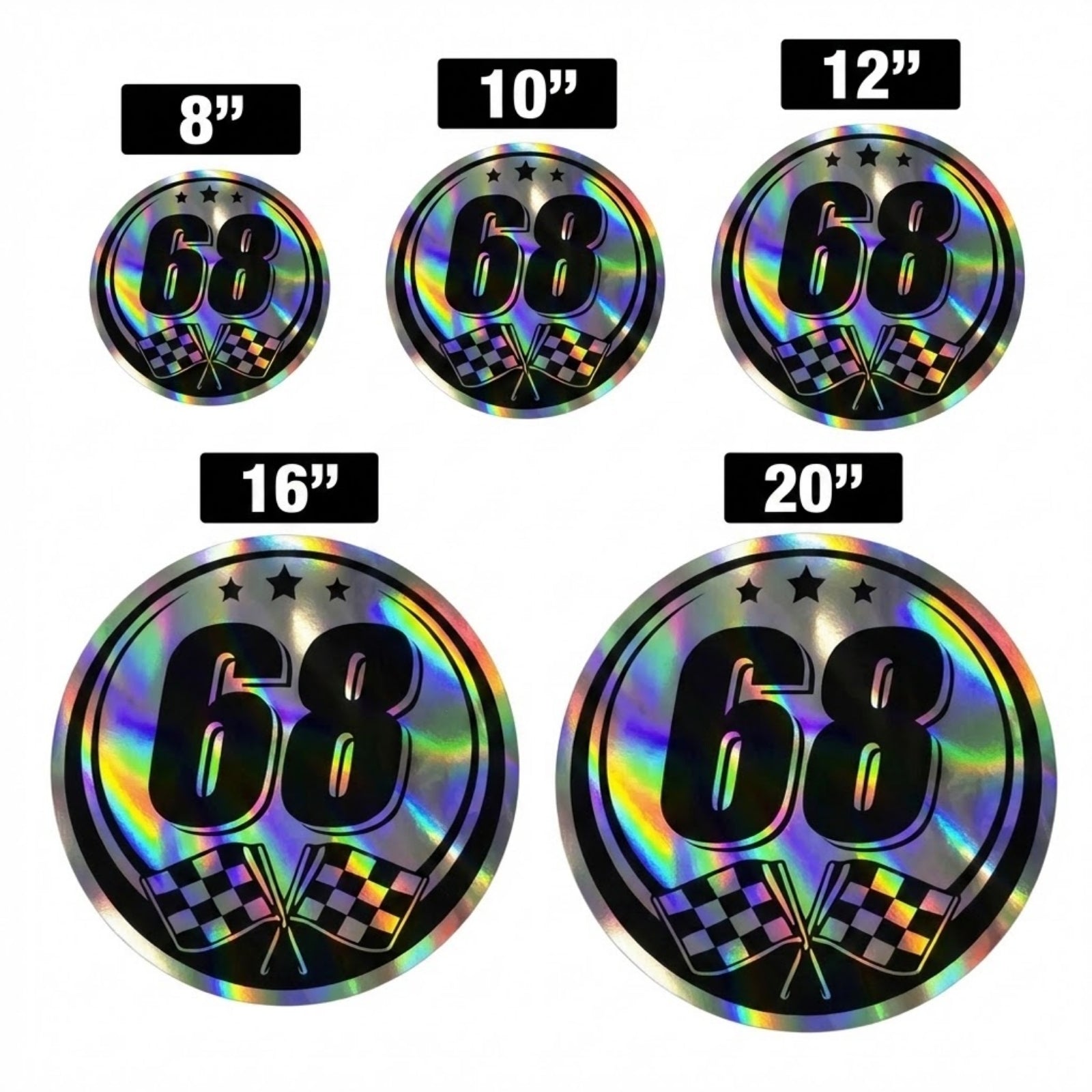 Holographic racing number stickers for cars, set of 2, with vibrant, reflective designs featuring the MC Motoparts brand and race car style.