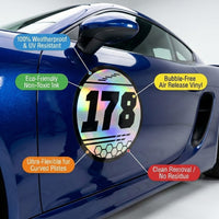 Custom Holographic Racing Number Stickers for Cars (Set of 2) - Hex Rail Circle RCC009
