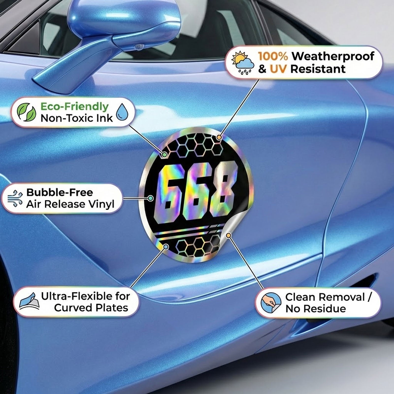 Custom Holographic Racing Number Stickers for Cars (Set of 2) - Black Hex Rail Circle RCC010