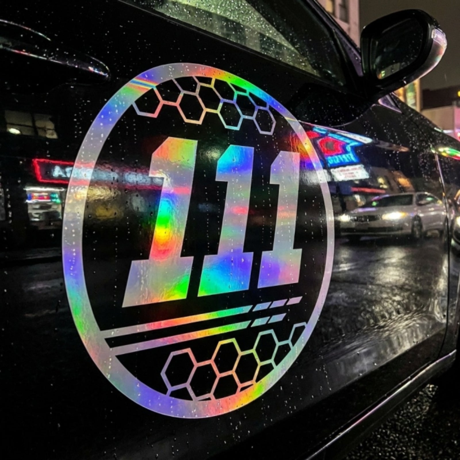 Custom Holographic Racing Number Stickers for Cars (Set of 2) - Black Hex Rail Circle RCC010