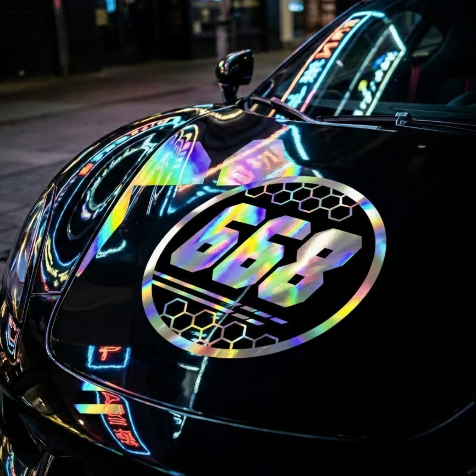 Custom Holographic Racing Number Stickers for Cars (Set of 2) - Black Hex Rail Circle RCC010