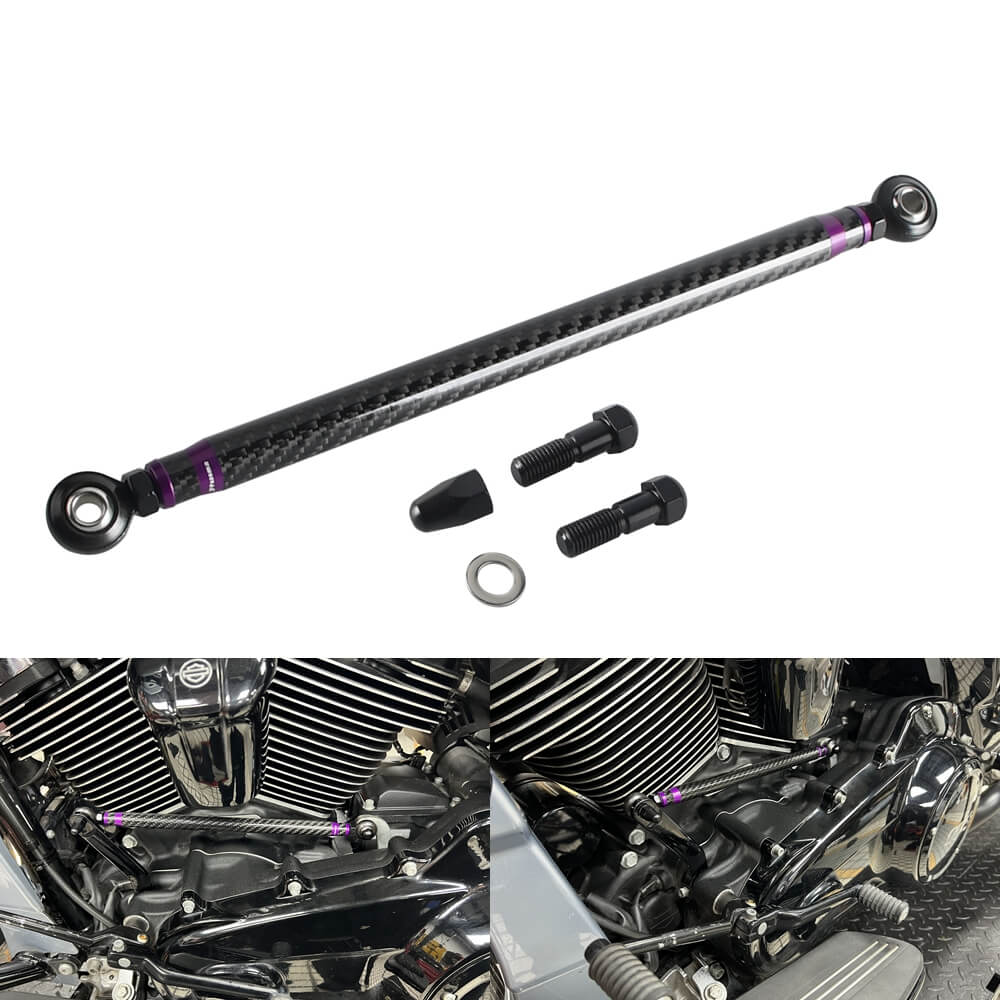 Carbon fiber adjustable Harley touring shifter linkage by Pazoma, CNC billet aluminum, no-slop shifting for Harley Street Glide and Road Glide.