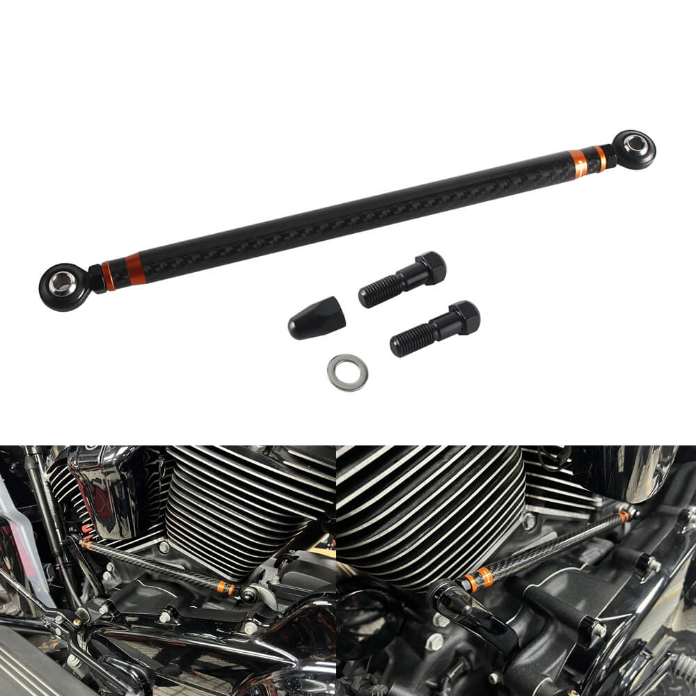 Carbon fiber adjustable Harley touring shifter linkage by Pazoma, CNC billet aluminum, no-slop shifting, compatible with FLHR and Softail models.