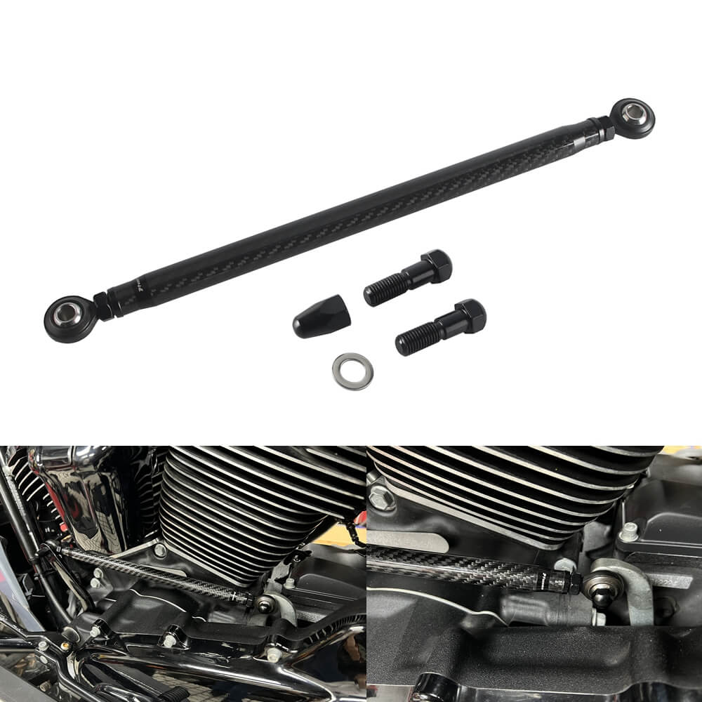 Carbon fiber adjustable Harley shifter linkage for Touring and Softail models, CNC billet aluminum, no-slop shifting, Pazoma brand.