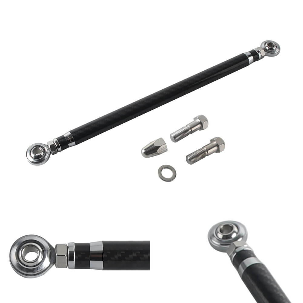 Carbon fiber adjustable Harley shifter linkage by Pazoma for touring and Softail models, CNC billet aluminum with no-slop shifting.