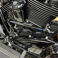 Carbon fiber adjustable Harley touring shifter linkage by Pazoma, CNC billet aluminum, no-slop shifting, fits Harley models 1986-2026.