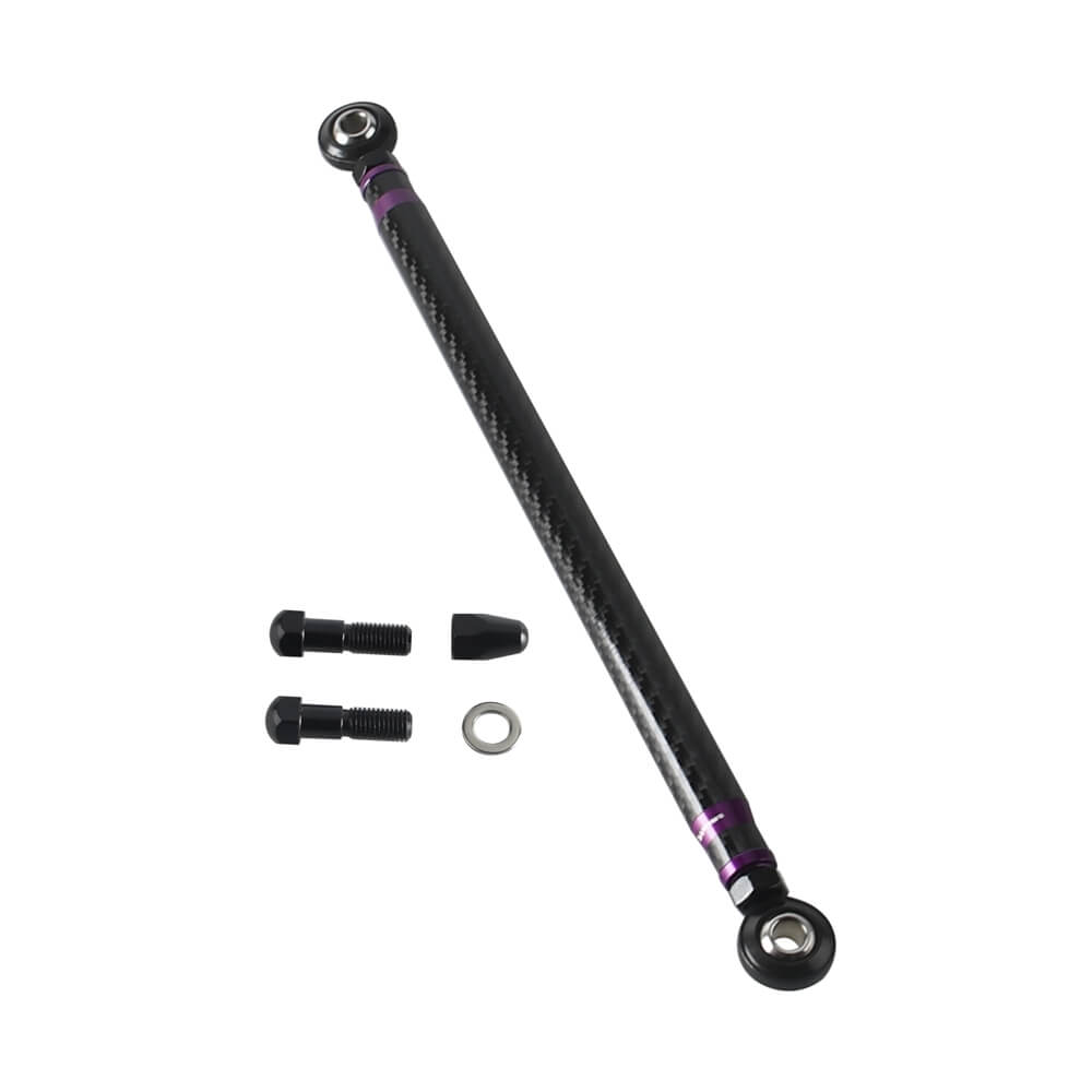 Carbon fiber adjustable clutch shifter linkage for Harley Touring and Softail models, featuring CNC billet aluminum and no-slop shifting.