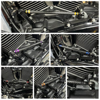 Pazoma carbon fiber adjustable shifter linkage for Harley Touring and Softail models, CNC billet aluminum and 3K carbon fiber.