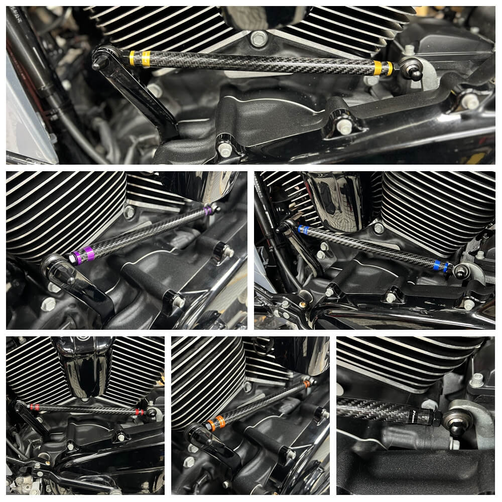 Pazoma carbon fiber adjustable shifter linkage for Harley Touring and Softail models, CNC billet aluminum and 3K carbon fiber.