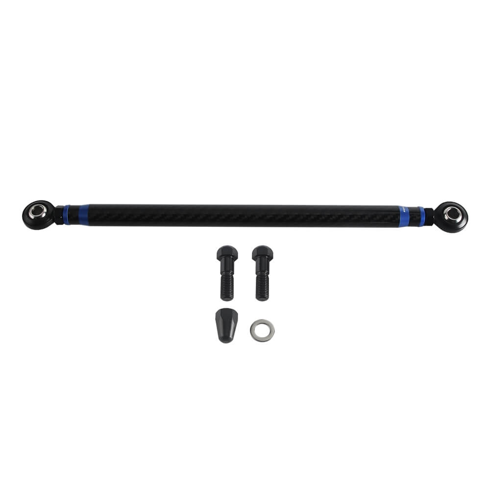 Carbon fiber adjustable Harley touring shifter linkage by Pazoma, CNC billet aluminum, no-slop shifting for Street Glide and Road Glide bikes.
