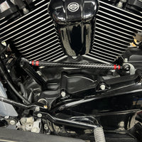 Carbon fiber adjustable Harley touring shifter linkage by Pazoma, CNC billet aluminum, for Harley Street Glide and Road Glide models 1986-2026.