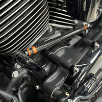 Carbon fiber adjustable Harley touring shifter linkage by Pazoma, CNC billet aluminum, suitable for models 1986-2026, no-slop shifting