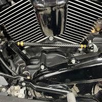 Carbon fiber adjustable Harley touring shifter linkage by Pazoma, compatible with 1986-2026 Street Glide and Road Glide models.