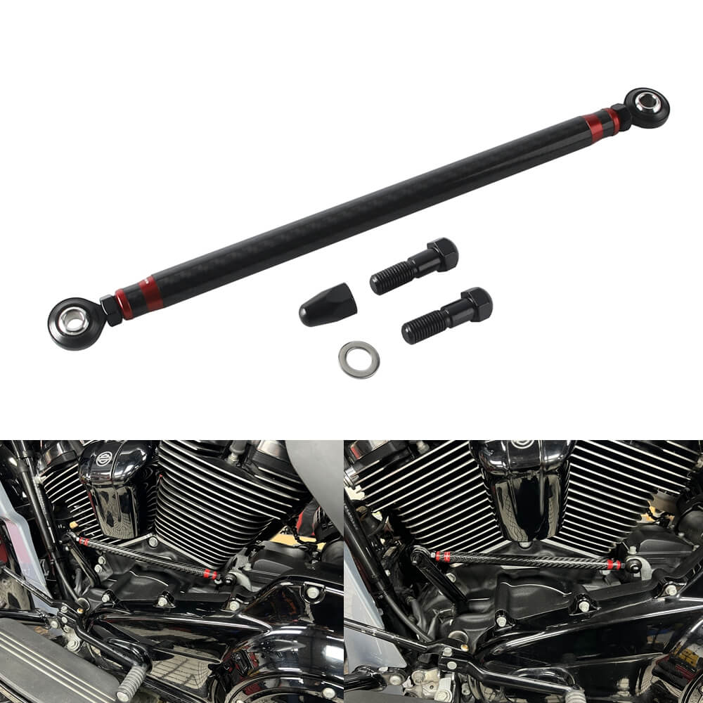 Carbon fiber adjustable Harley shifter linkage for Touring and Softail models, CNC billet aluminum, no-slop shifting, Pazoma brand.