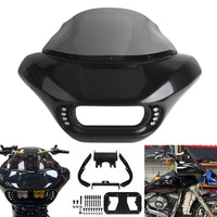 Harley Dyna Low Rider Street Bob FXR front headlight shark fairing with Baja Designs dual LP4 lighting bracket mount.