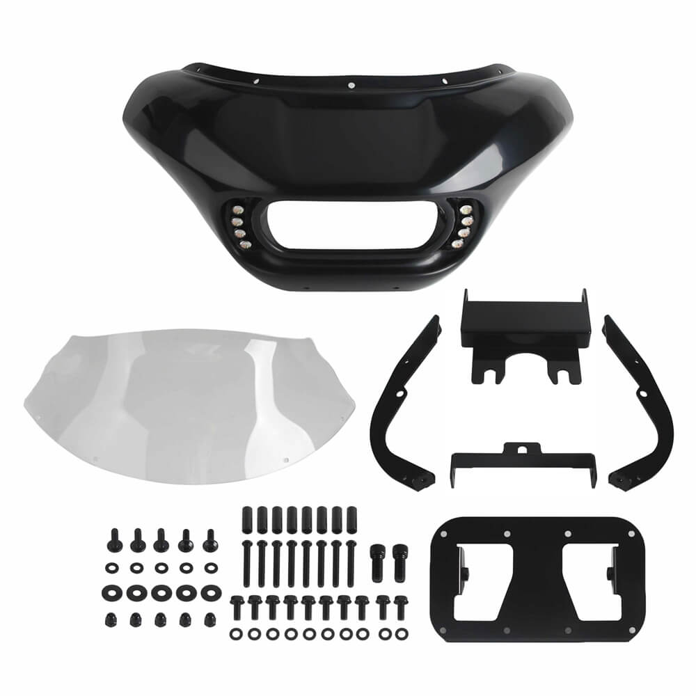 Harley Dyna Low Rider Street Bob FXR front headlight shark fairing with Baja Designs dual LP4 lighting bracket mount, Pazoma brand.