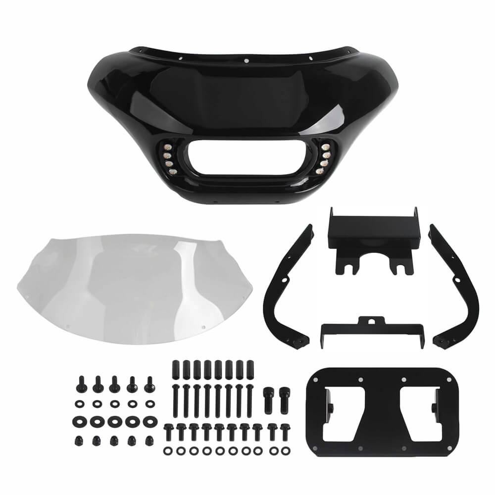 Harley Dyna Low Rider Street Bob FXR front headlight shark fairing with Baja Designs Dual LP4 lighting bracket mount.