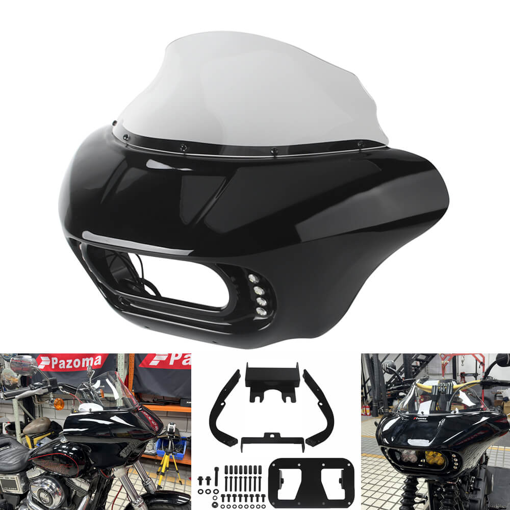 Harley Dyna Low Rider Street Bob FXR front headlight shark fairing with Baja Designs Dual LP4 lighting bracket mount.