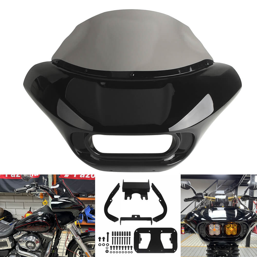 Harley Dyna Low Rider Street Bob FXR front headlight shark fairing with Baja Designs Dual LP4 lighting bracket mount.