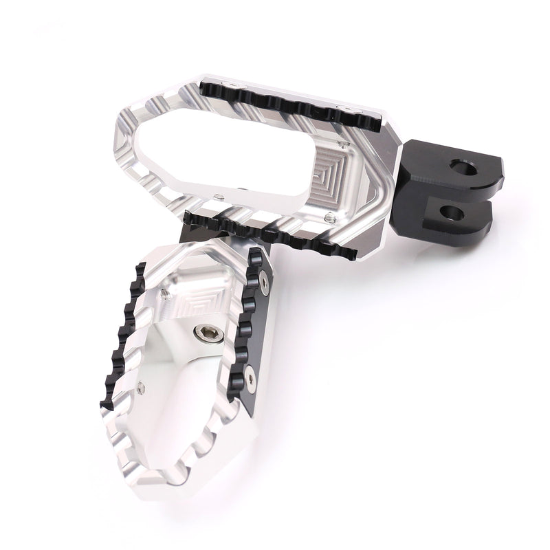 Front view of MC Motoparts CF MOTO TRC Touring wide standard foot pegs in black, designed for comfortable riding.