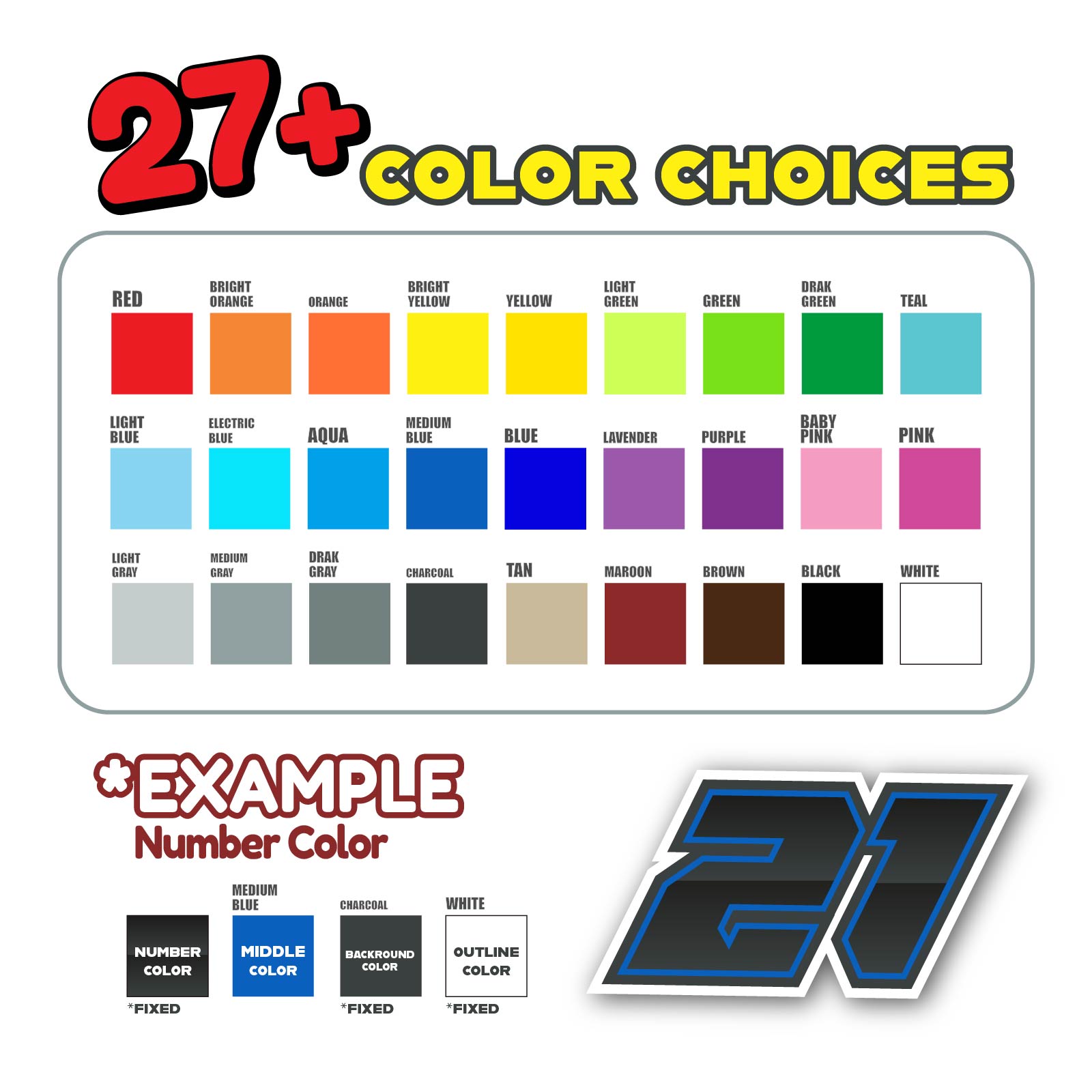 Three custom racing number stickers with gradient outline style, designed for dirt bikes and motorcycles by MC Motoparts.