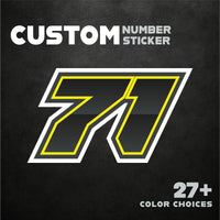 Three custom racing number stickers with gradient outline style for dirt bikes and motorcycles, branded by MC Motoparts.