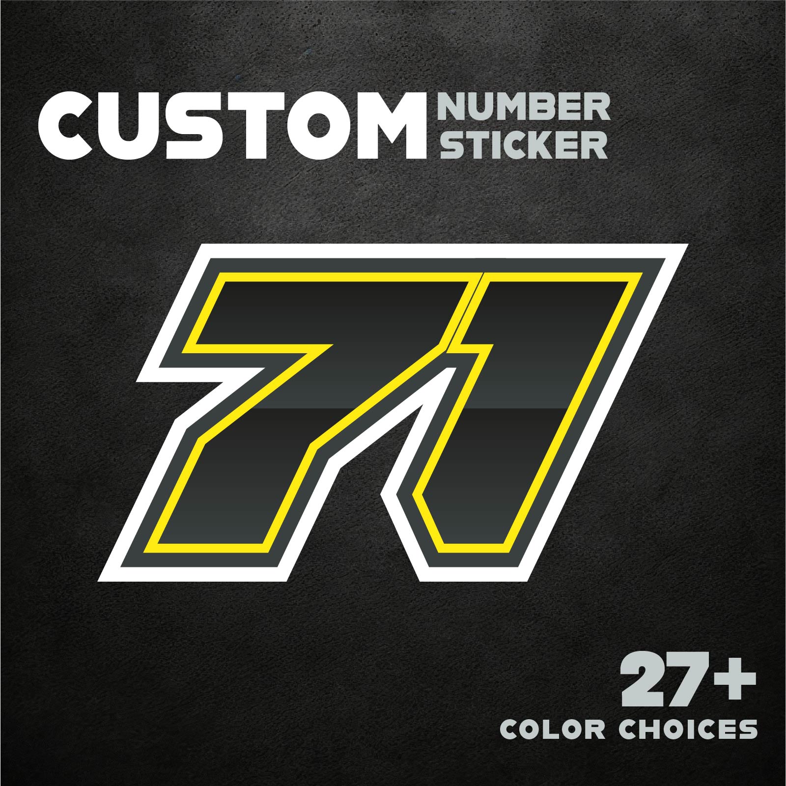 Three custom racing number stickers with gradient outline style for dirt bikes and motorcycles, branded by MC Motoparts.