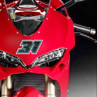 Custom racing number stickers for dirt bikes and motorcycles, featuring gradient outline style in a 3-pack by MC Motoparts.