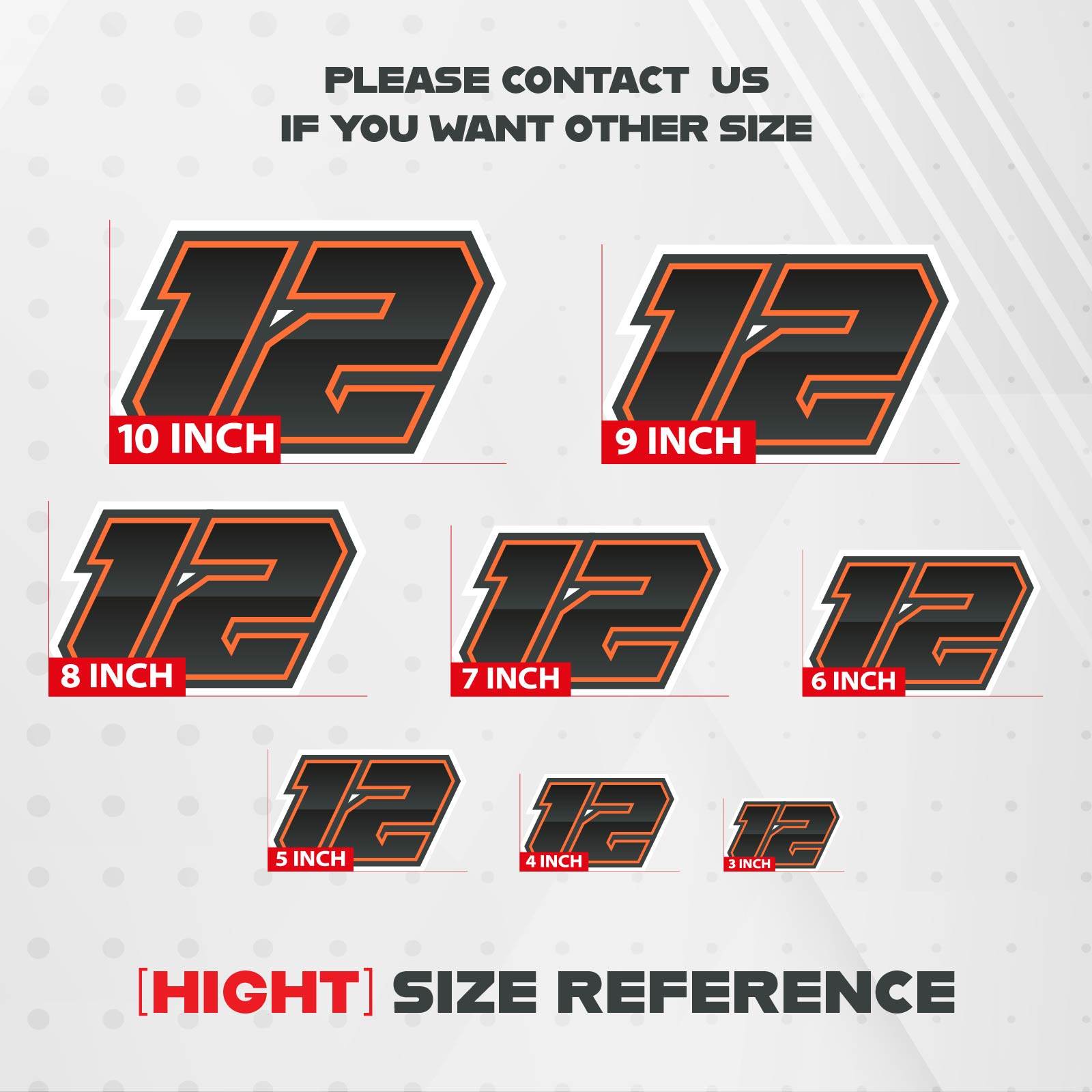 Three custom racing number stickers with gradient outline style for dirt bikes and motorcycles, featuring personalized decals by MC Motoparts