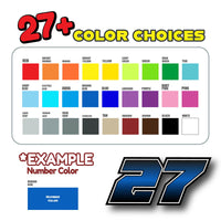 Set of three custom racing number stickers featuring G006 gradient style for dirt bikes and motorcycles, by MC Motoparts.